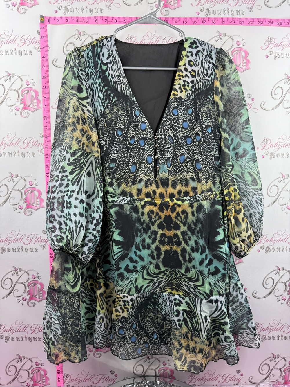AVELORIA shirt or mini dress Boho V-Neck Animal Print Tunic in Green and Yellow